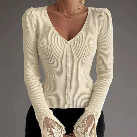 Sweaters - Beige Casual Women's Lace Patchwork V-Neck Fitted Knit Sweater